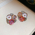 Pink Crystal Flower Cluster Stud Earrings With Decorative Metal Accents view 6