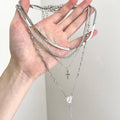 Silver Tone Layered Cross and Chain Tassel Necklace view 4