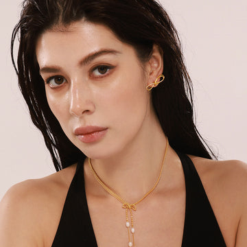 Gold Bow Ball Chain Pearl Necklace And Bow Stud Earrings