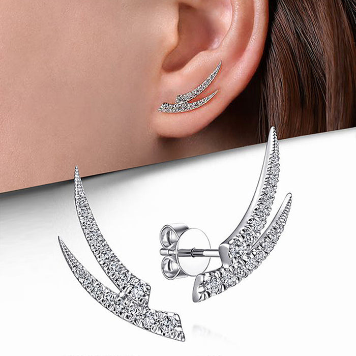 Silver Dual Curved Prong CZ Ear Climber Stud Earrings