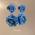 Blue Fabric Double Flower Drop Stud Earrings Jewelry Pair view 2