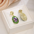 Green and Purple Floral Oval Gold Tone Stud Earrings view 4