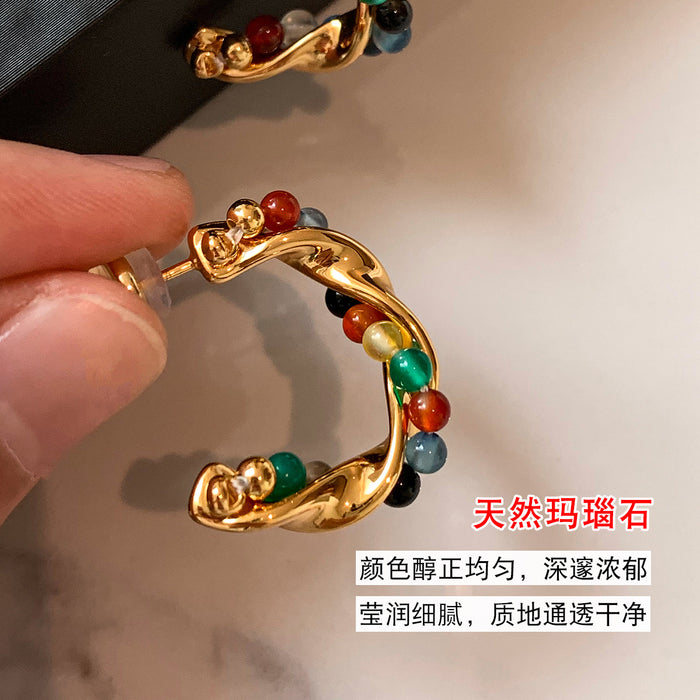 Gold Tone Wrapped C Hoop Stud Earrings with Colorful Beads