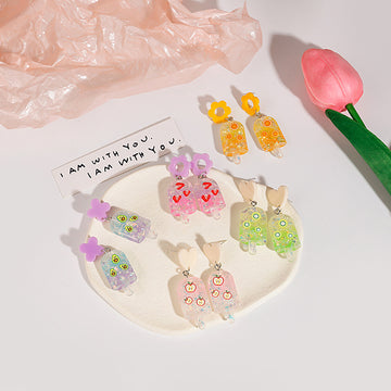 Glitter Resin Kiwi Popsicle Drop Earrings Cream Heart Studs