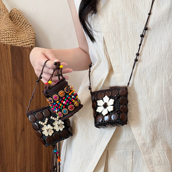 Brown Coconut Shell Beaded Woven Mini Crossbody Pouch