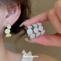 Pastel Three Flower Crystal Huggie Hoop Earrings Statement Jewelry Pair view 2