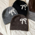 Fuzzy Bow Motif Knit Beanie Hat In Gray And Black Tones view 2
