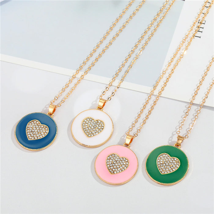 Gold Tone Enamel Heart and Crystal Round Pendant Necklaces in Four Colors