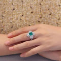 Silver Emerald-Cut Green Center Snowflake Halo Finger Ring view 3