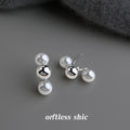 Silver Curved Double Pearl Metal Ball Stud Earrings view 1