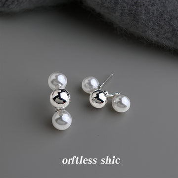 Silver Curved Double Pearl Metal Ball Stud Earrings