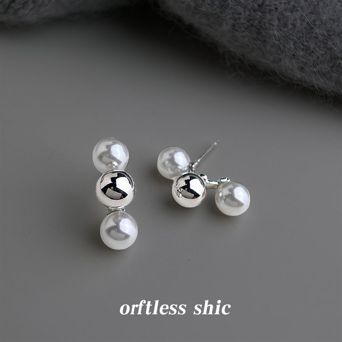 Silver Curved Double Pearl Metal Ball Stud Earrings