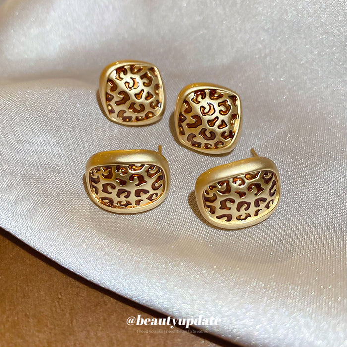 Gold Framed Leopard Print Rounded Square Stud Earrings