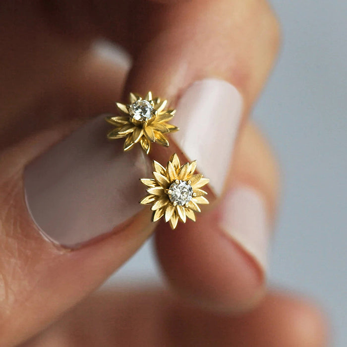 Sculpted Sunflower Clear Stone Stud Earrings In Two Metal Tones
