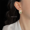 Gold Tone Painted Floral White Pearl Oval Stud Earrings view 2