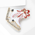 White Double Ice Skate Brooch With Red Bow and Crystal Blades view 3