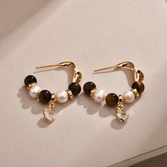Gold-Tone Beaded Hoop Earrings With Clear Heart Charms