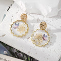 Gold Tone Scalloped Round Pressed Flower Resin Stud Earrings view 8