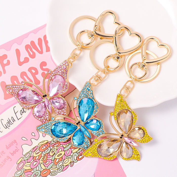 Gold Rhinestone Butterfly Heart Clasp Metal Keychain