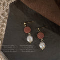 Gold Ball Terracotta Disc Baroque Pearl Drop Stud Earrings view 1