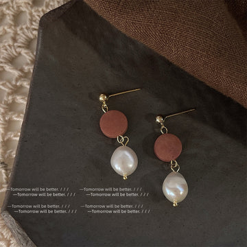 Gold Ball Terracotta Disc Baroque Pearl Drop Stud Earrings
