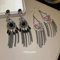 Crystal Flower and Black Fringe Drop Earrings Decorative Jewelry Pair view 4