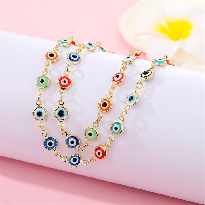 Gold Tone Multicolor Evil Eye Chain Bracelet and Necklace