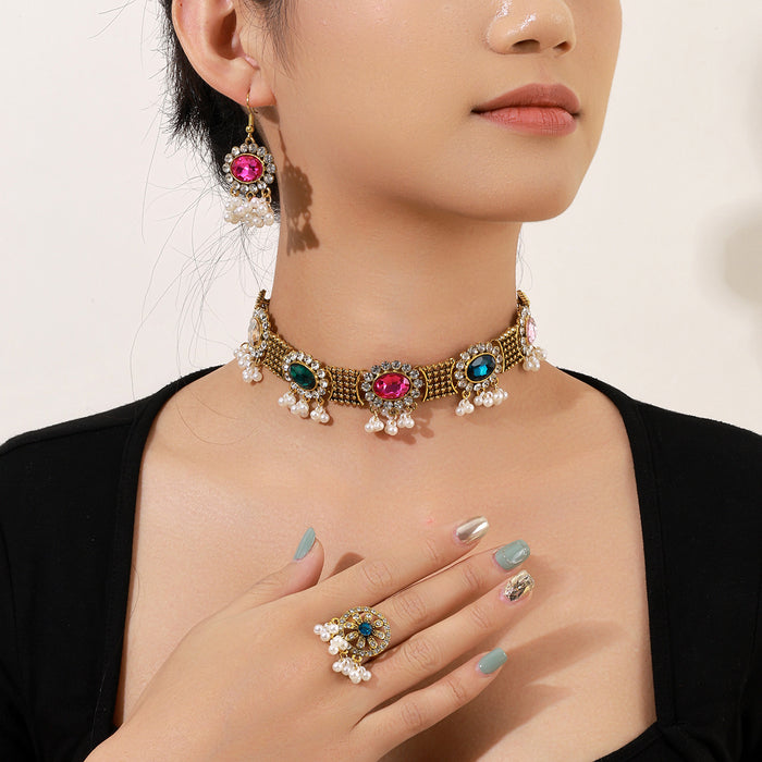 Five Color Choker Earring and Ring Coordinated Jewelry Sets