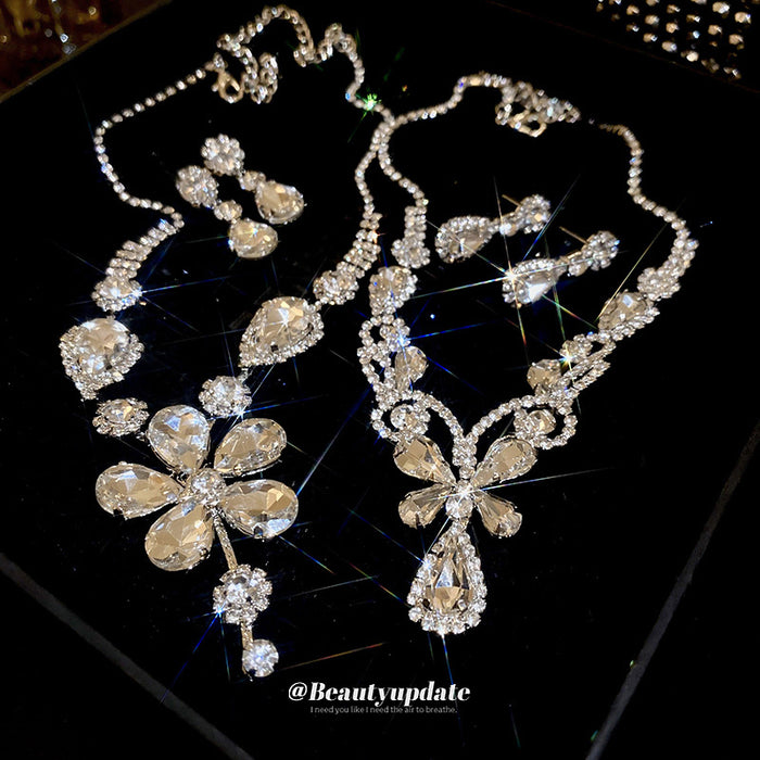 Silver Tone Large Flower Clear Crystal Necklace And Earring Set