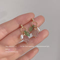 Gold Tone Green Leaf Pink Flower And White Pearl Stud Earrings view 3