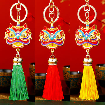 Enamel Lion Dance Head Tassel Keychains in Two Distinct Constructions