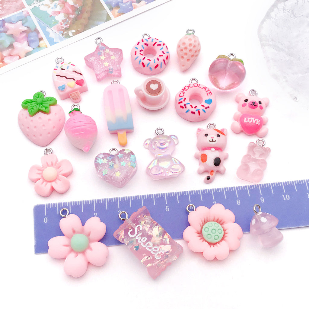 Pink Resin Flower Strawberry Mushroom Donut Charm Pendants for DIY Bracelet Necklace