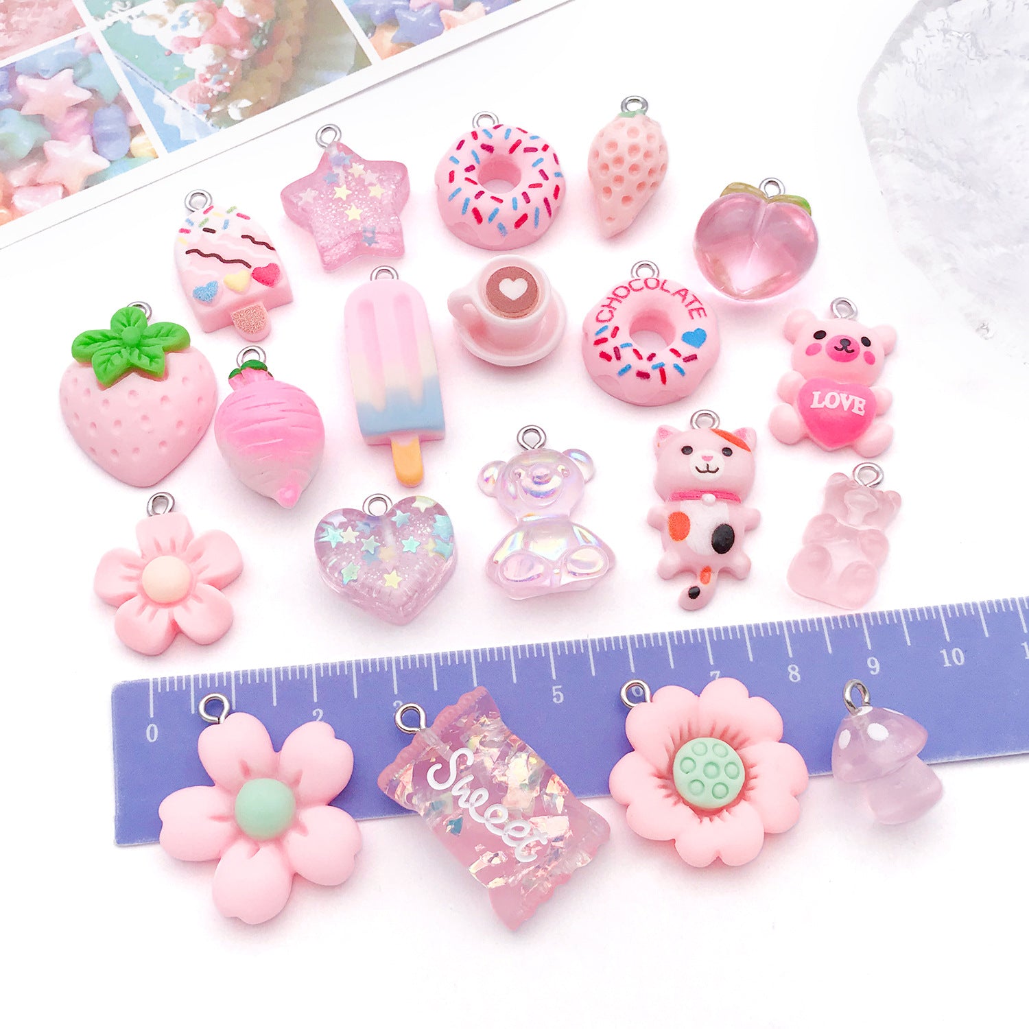 Pink Resin Flower Strawberry Mushroom Donut Charm Pendants for DIY Bracelet Necklace