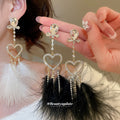 Crystal Heart Long Drop Earrings With Black Or White Feathers view 1