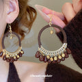 Thread Wrapped Hoop Beaded Fringe Hook Earrings Statement Pair view 1