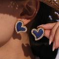 Heart Stud Earrings Navy Enamel And Metal Crystal Halo view 3
