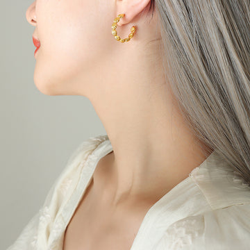 Shell Textured C-Shape Hoop Stud Earrings Gold Or Silver