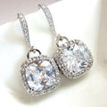 Silver Tone Cushion Drop Earrings with Clear Stone Halos view 1