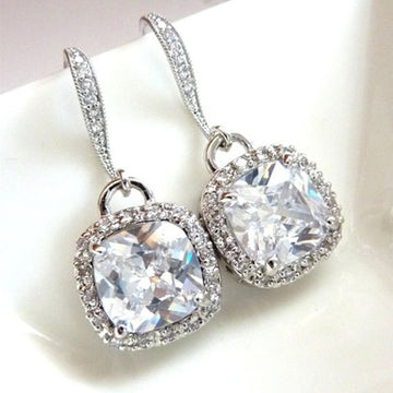 Silver Tone Cushion Drop Earrings with Clear Stone Halos