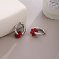 Silver Tone Compact Huggie Deep Red Bead Cluster Earrings view 3