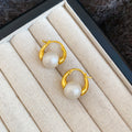 Gold Polished Hoop Earrings with Large White Pearl Drops view 6