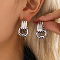 Triple Ribbed C-Shape Linked Circle Drop Earrings Gold Steel view 3