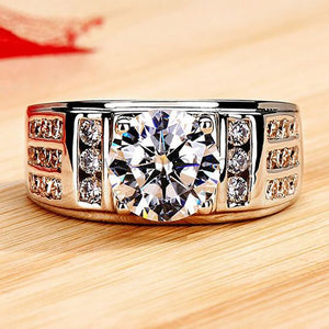 Wide Band Signet Ring with Round Clear Cubic Zirconia, Silver Tone
