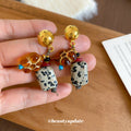 Mottled Stone Flower Drop Earrings In Gold Tone For Distinctive Statement Styling view 4