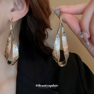 Silver Tone Textured Leaf Loop Statement Drop Earrings
