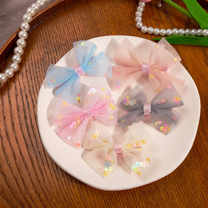 Pastel Sheer Tulle Bow Hair Clips Five Colors Sequin Glitter