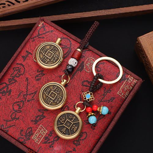 Brass Wu Di Coins and Gourd Rotating Keychain Ornament