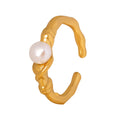 Gold Steel Open Band Pearl Ring Irregular Wave Shank view 5