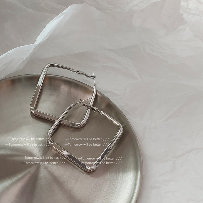 Silver Tone Large Square Geometric Hoop Earrings For Women