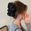 White Black Polka Dot Fabric Ruffle Large Hair Claw Clip view 2